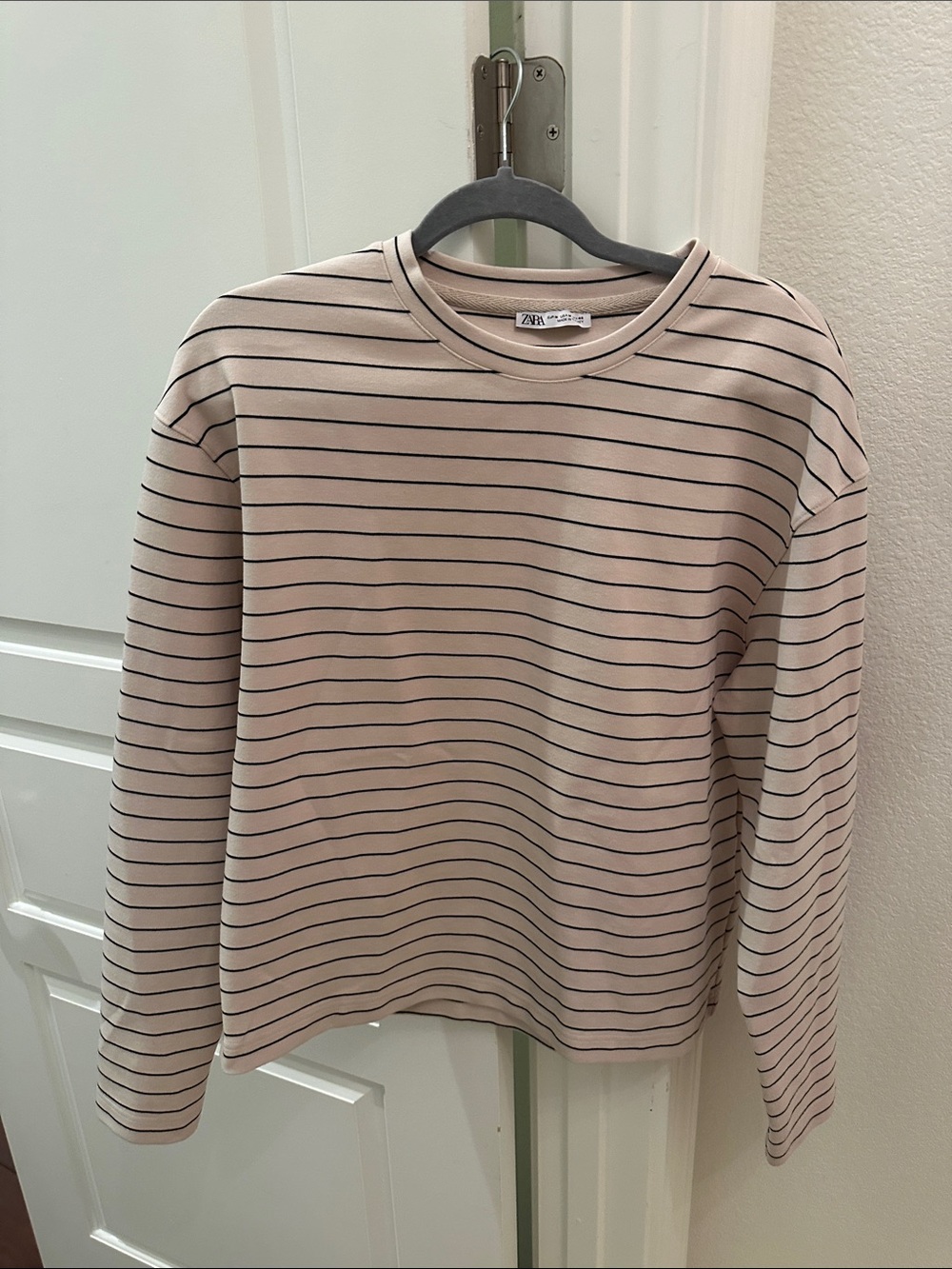 Zara Tan and Black Striped Crewneck Sweater